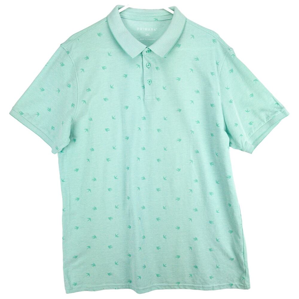 NWT Men's 2XL Polo Shirt Mint Green Cotton Pique Bird Print Short Sleeve Primark